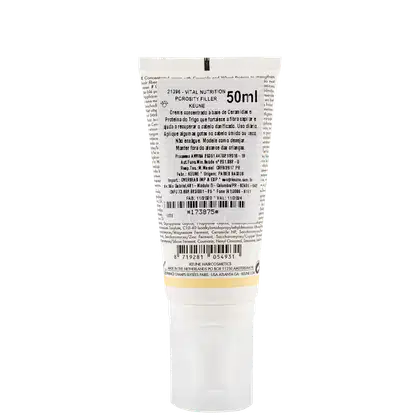 Frasco branco da linha Keune Care, contendo o produto Vital Nutrition Porosity Filler, um tratamento para cabelos secos e danificados. O rótulo apresenta o nome do produto e a marca Keune em destaque.