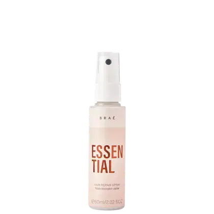 Produto de reparação capilar em spray da marca Braé. Rótulo branco com o nome "Essential" em letras marrons grandes e "Hair Repair Spray" abaixo em letras menores. Tamanho de 60ml. Tampa branca com orifício para borrifar. Design minimalista e clean.