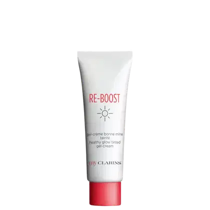 É um gel-creme da marca Clarins chamado "Re-Boost". O produto vem em um tubo branco com a tampa vermelha. No rótulo, está escrito "Re-Boost" em letras vermelhas. Abaixo, há a descrição "healthy glow tinted gel-cream".