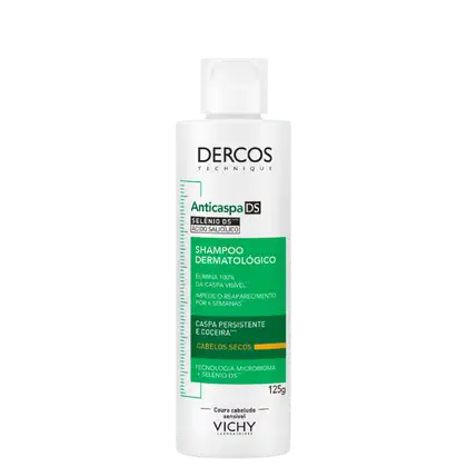 Frasco branco de shampoo dermatológico da marca Dercos Technique, da Vichy, com rótulo verde e amarelo. Contém 125g de produto e promete eliminar 100% da caspa visível e impedir o reaparecimento por 4 semanas.
