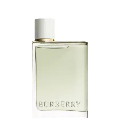 Frasco de perfume Burberry com design elegante e minimalista. Embalagem de vidro transparente com tampa branca e detalhes dourados. O nome da marca "Burberry" é destacado em relevo na superfície do frasco.
