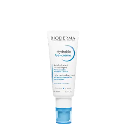 Frasco branco de gel-creme hidratante da marca Bioderma, com rótulo azul e branco indicando o nome "Hydrabio Gel-creme" e informações sobre o produto, como "Soin hydratant texture légère" e "Peau sensibles normales à mixtes".