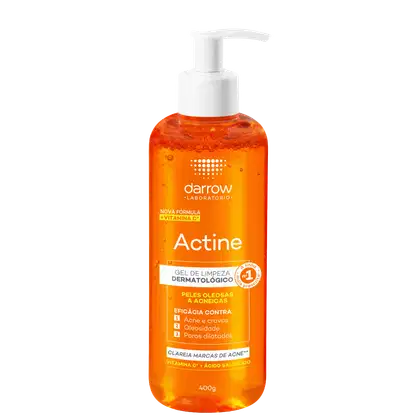 Frasco de gel de limpeza dermatológico Actine da marca Darrow, com bomba dosadora branca. O produto possui cor laranja vibrante e contém informações sobre sua fórmula com vitamina C e eficácia contra acne, oleosidade e poros dilatados.
