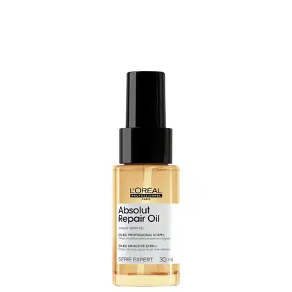 Frasco de óleo reparador Absolut Repair Oil da L'Oréal Professionnel, com 30 ml de produto. Embalagem preta e dourada, com rótulo destacando o nome do produto e a descrição "Óleo multibeneficios sem enxágue".