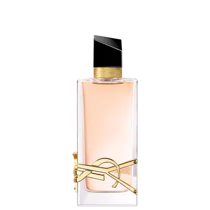 Frasco de perfume Yves Saint Laurent com design elegante e minimalista em preto e dourado. Embalagem retangular com tampa destacada e detalhes dourados na parte superior.