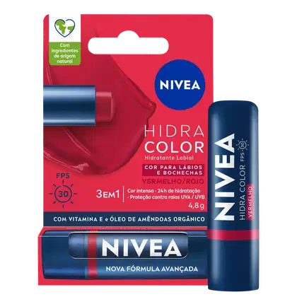 Produto de beleza NIVEA Hidra Color, um hidratante labial em embalagem vermelha e azul com proteção solar FPS 30 e vitamina E, contendo óleo de amêndoas orgânico.