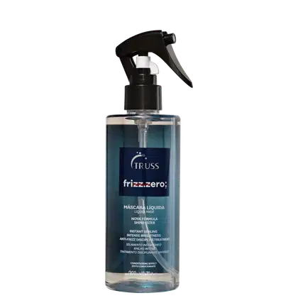 Frasco de máscara líquida Truss Frizz.Zero com rótulo azul escuro, apresentando fórmula de selamento instantâneo e brilho intenso, com efeito condicionante para tratamento disciplinante anti-frizz.