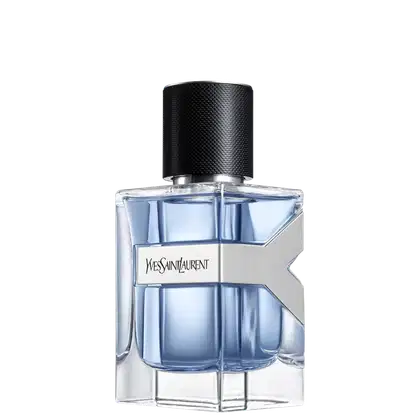 Frasco de perfume Yves Saint Laurent com design moderno e minimalista, em tons de azul e preto, com rótulo destacado em letras brancas.
