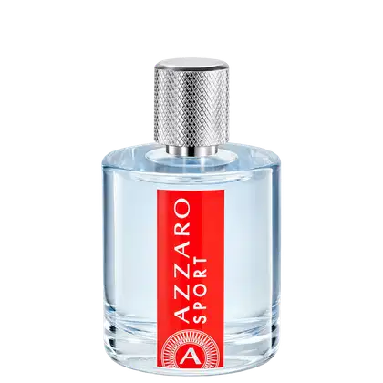 Frasco de perfume Azzaro Sport com tampa metálica texturizada, rótulo vermelho com logotipo da marca, em fundo preto.