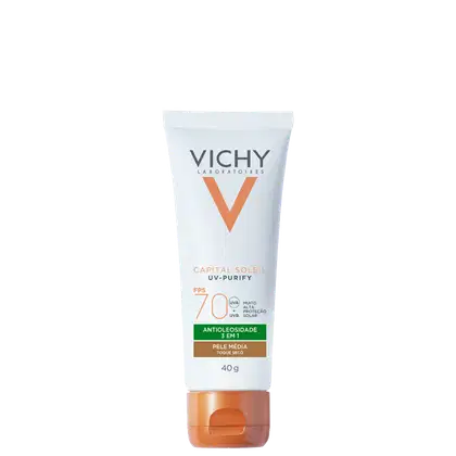 A imagem mostra o Protetor Solar Facial Purify Cor Média FPS 70 da marca Vichy.