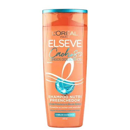 Frasco de shampoo Elseve Cachos Longos dos Sonhos, com embalagem laranja e azul, contendo 400 ml do produto. Rótulo com informações sobre os benefícios do shampoo para cabelos cacheados.