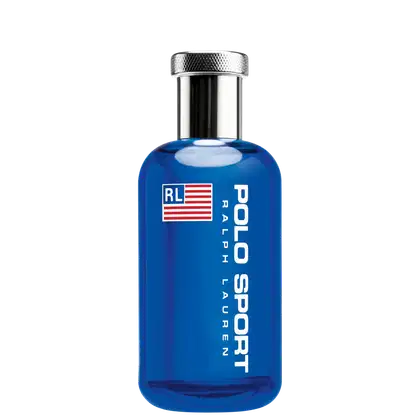 Frasco de perfume da marca Ralph Lauren, na cor azul, com rótulo em vermelho, branco e azul exibindo a bandeira americana e o nome "Polo Sport". O frasco possui um design cilíndrico com tampa metálica estriada.