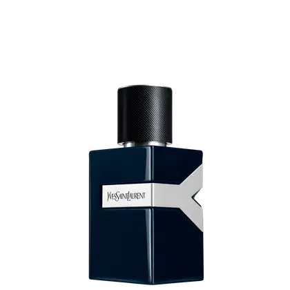 Frasco de perfume Yves Saint Laurent com design geométrico em preto e prata, com rótulo destacado em letras brancas. Embalagem elegante e minimalista, com tampa preta texturizada.