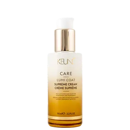 Frasco de creme Keune Care Lumi Coat Supreme Cream, com embalagem dourada e branca, contendo 95 ml do produto. O rótulo apresenta o nome do produto e a marca Keune.