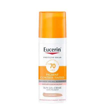 Frasco de protetor solar em gel-creme da marca Eucerin, com fator de proteção solar 70 UVB/UVA, com tecnologia de controle de pigmentação, na cor média.