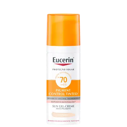 Frasco de protetor solar em gel-creme da marca Eucerin, com fator de proteção solar 70 UVB/UVA, com tecnologia de controle de pigmentação, na cor clara.