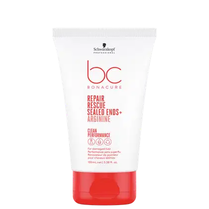 Embalagem em tubo plástico branco e vermelho. Rótulo com o nome do produto "Repair Rescue Sealed Ends + Arginine" em letras vermelhas e pretas.