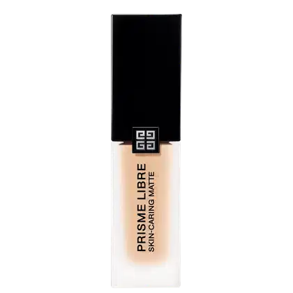 Embalagem preta e branca de um produto de maquiagem da marca Givenchy, com o nome "PRISME LIBRE" e a descrição "SKIN-CARING MATTE" impressos. O produto possui uma forma retangular com um logotipo quadrado no centro.