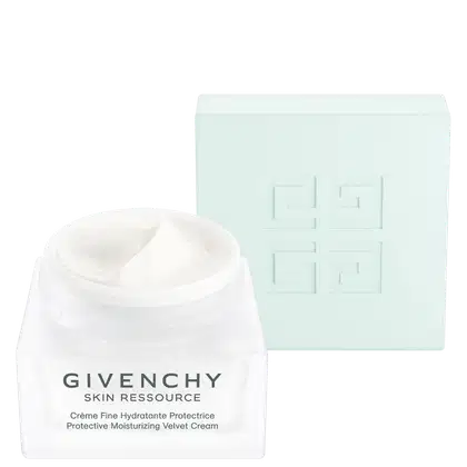 Creme facial Givenchy Skin Ressource em embalagem branca com logotipo da marca. Caixa de fundo verde-claro com padrão geométrico. Produto de hidratação e proteção para a pele.