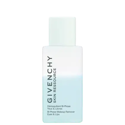 Frasco branco com rótulo Givenchy Skin Ressource contendo Desmaquiante Bi-Fase para olhos e lábios. Embalagem com design minimalista e cores claras, destacando o nome da marca e a função do produto.