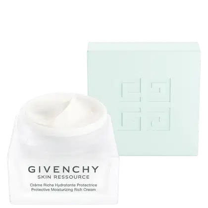 Creme hidratante da linha Skin Ressource da Givenchy, em embalagem branca com logotipo da marca. Caixa verde com detalhes do logotipo Givenchy em relevo.