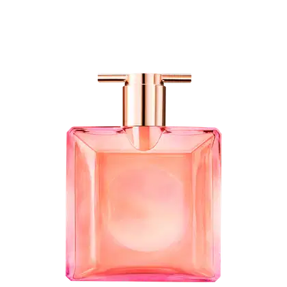 A imagem mostra o frasco do perfume Idôle Nectar: em frasco retangular de vidro rosa transparente. O frasco tem um atomizador na parte superior em metal rosado.