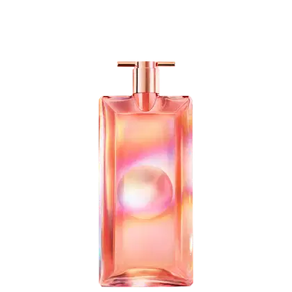 A imagem mostra o frasco do perfume Idôle Nectar: frasco retangular de vidro rosa transparente com degradê de cores quentes e efeito de luz. O frasco possui uma tampa e um pulverizador na cor cobre rosado metálico.