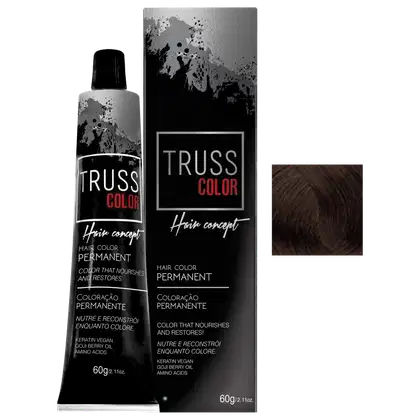 Trata-se de um produto de coloração permanente para cabelos da marca TRUSS, apresentado em um tubo de 60g e uma caixa preta com detalhes em vermelho. O produto é descrito como uma coloração que nutre e restaura os cabelos.