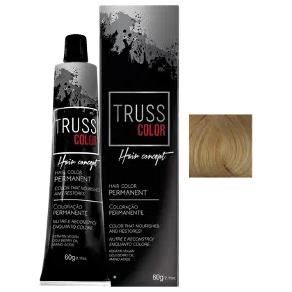Trata-se de um produto de coloração permanente para cabelos da marca TRUSS, em embalagem de tubo de 60g, com rótulo preto e vermelho destacando o nome da linha "TRUSS COLOR" e informações sobre a fórmula à base de queratina vegana e óleo de goji berry.