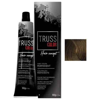 Trata-se de um produto de coloração permanente para cabelos da marca TRUSS COLOR, apresentado em um tubo de 60g e uma caixa preta com detalhes em vermelho, exibindo informações sobre o conceito de cor para cabelos.