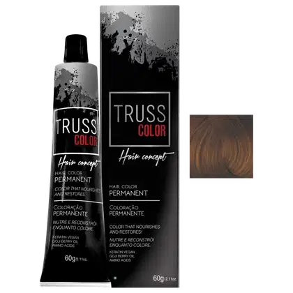 Coloração permanente para cabelos da marca TRUSS COLOR, apresentado em um tubo de 60g e uma caixa preta com detalhes em vermelho. O rótulo destaca o conceito de "cor que nutre e restaura" e menciona ingredientes como queratina vegana e óleo de goji berry.