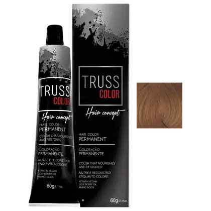 Coloração permanente para cabelos da marca TRUSS COLOR, apresentado em um tubo de 60g e uma caixa preta com detalhes em vermelho. O rótulo destaca que o produto nutre e reconstrói a cor, contendo queratina vegana e óleo de goji berry.