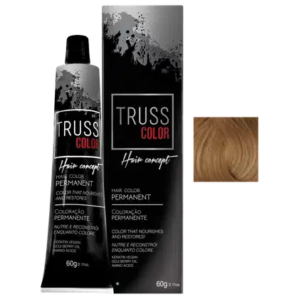Trata-se de um produto de coloração permanente para cabelos da marca TRUSS COLOR, apresentado em um tubo de 60g e uma caixa preta com detalhes em vermelho. O produto é descrito como uma coloração que nutre e restaura os cabelos.
