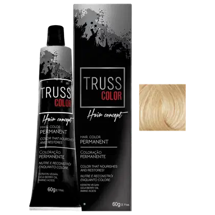Trata-se de um produto de coloração permanente da marca Truss Color, apresentado em um tubo de 60g e uma caixa preta com detalhes em vermelho. O rótulo destaca que o produto nutre e restaura a cor, contendo queratina vegana e óleo de goji berry.