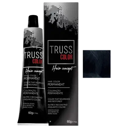 Trata-se de um produto de coloração permanente para cabelos da marca TRUSS, em embalagem de tubo de 60g com rótulo preto e vermelho. O produto é descrito como "Hair Color Permanent" e promete nutrir e restaurar a cor dos cabelos.