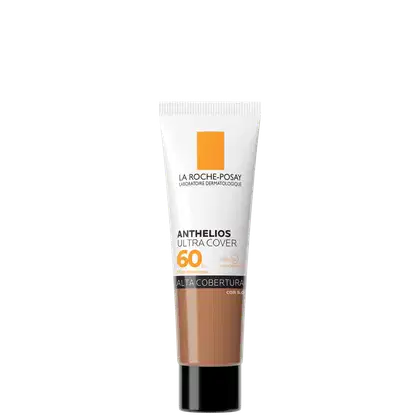 Tubo branco de protetor solar da marca La Roche-Posay, com rótulo laranja e texto "Anthelios Ultra Cover SPF 60". O produto é descrito como de "alta cobertura" e possui fator de proteção solar 60.