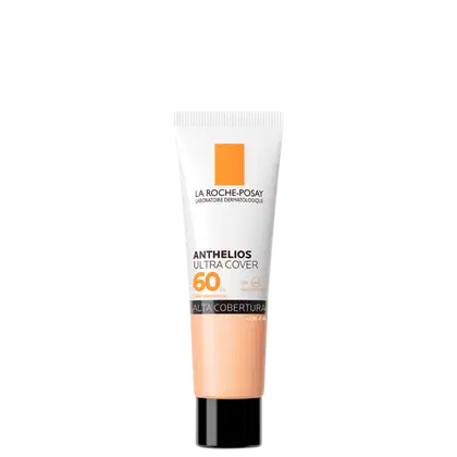 Tubo de protetor solar da marca La Roche-Posay, com embalagem branca e laranja, rotulado como "Anthelios Ultra Cover SPF 60", indicando alta proteção solar.