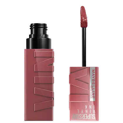 Produto de maquiagem Maybelline com embalagem preta e rosa, contendo um aplicador de batom em formato cônico. O rótulo exibe o nome da marca "Maybelline" em destaque.