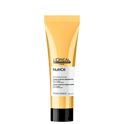 Tubo amarelo da linha Nutrioil da L'Oréal Professionnel Paris, contendo creme nutritivo termo-protetor para cabelos secos.
