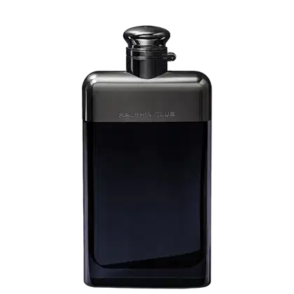 Frasco de perfume masculino da marca Ralph's Club, com design minimalista em tons escuros e acabamento metálico brilhante. O rótulo em relevo destaca o nome da marca.