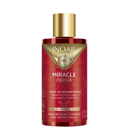 Produto de beleza para cabelos da marca Inoar. Frasco vermelho e dourado com tampa dourada. Rótulo com o nome "Miracle Repair" e descrição "Leave-in Termoativado. Contém óleos de marula e argan. Embalagem de 220ml.