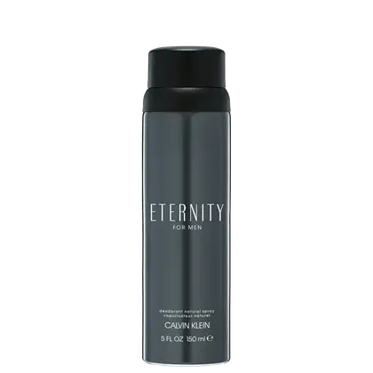 Frasco de desodorante natural em spray da linha Eternity for Men da Calvin Klein, em embalagem preta e cinza com texto em branco indicando o nome do produto.