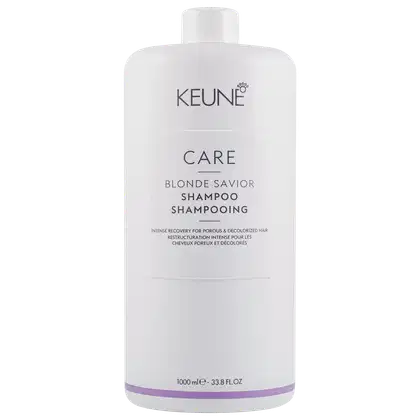 Frasco branco da linha Keune Care, contendo Shampoo Blonde Savior para cabelos loiros e descoloridos, com 1000 ml de capacidade.