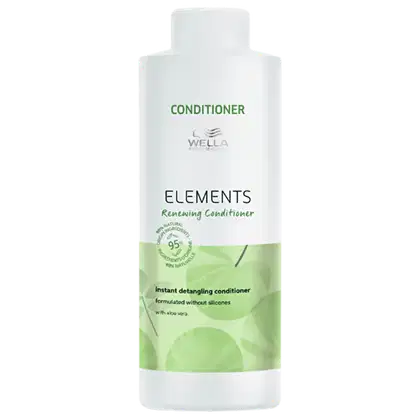 Condicionador  Elements da Wella. Embalagem branca com detalhes em verde. Rótulo indicando que é um condicionador formulado sem silicones, com 95% de ingredientes naturais e aloe vera. Cores predominantes são branco e verde claro