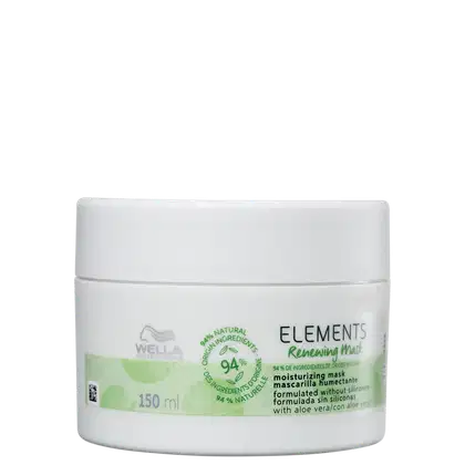É um pote branco para uma máscara capilar da linha Elements da Wella Professionals, com 150ml. O produto é formulado com 94% de ingredientes naturais, incluindo aloe vera, e não contém silicones. As cores predominantes são branco e verde claro