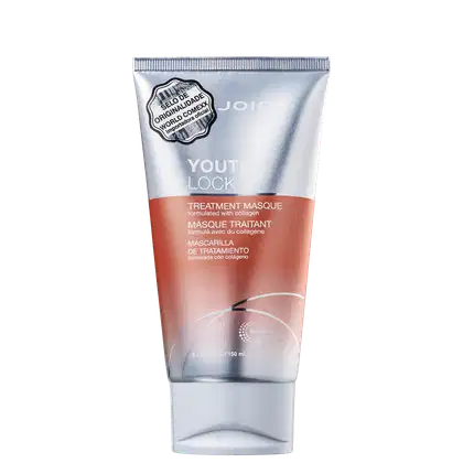 Tubo de tratamento capilar Joico Youth Lock com máscara de tratamento à base de colágeno, embalagem prateada e laranja, com rótulo destacando a originalidade do produto.