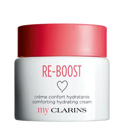 Creme hidratante confortante da linha Re-Boost da Clarins, em embalagem branca com tampa vermelha e texto destacado em vermelho e preto. O produto é apresentado em um frasco de vidro com textura lisa e formato cilíndrico.