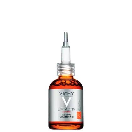 Frasco de vidro com sérum Vichy Liftactiv Supreme, contendo vitamina C, com tampa de metal e rótulo branco com logotipo da marca.