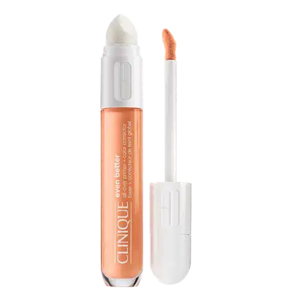 A imagem mostra o corretor de cor Clinique Even Better All-Over Primer and Color, cor Apricot. Ao lado tem a imagem do seu aplicador.