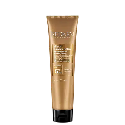 Tubo de tratamento capilar da marca Redken, com rótulo dourado e texto em branco. Produto de cuidados capilares com fórmula balanceada de ácido hialurônico, indicado para restaurar a hidratação dos cabelos.